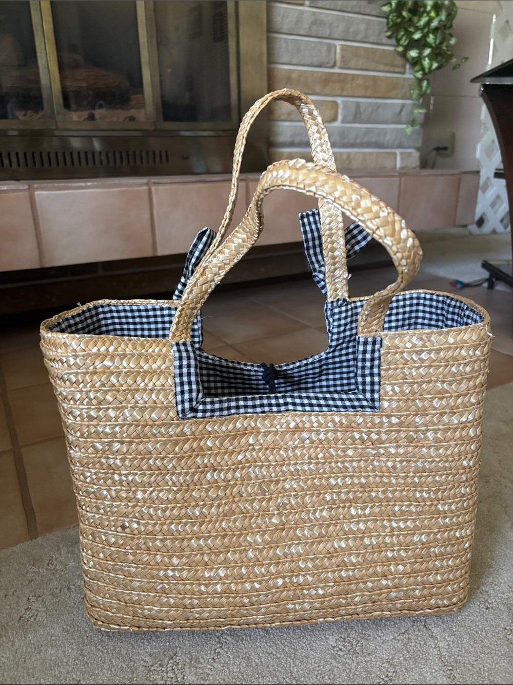 Vintage Woven Straw Tote Bag with Gingham Bow Accents - Picture 3 of 8